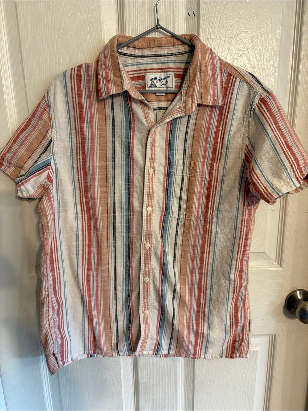 American Eagle Outfitters Striped Short-Sleeve Button-Up Shirt - Red, Blue, Tan